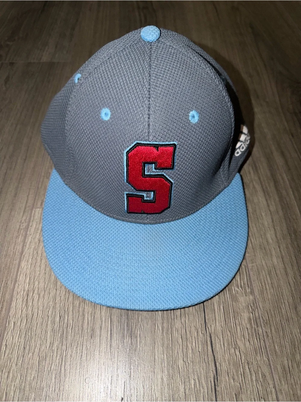 adidas Gray and Light Blue Snapback Hat with Red 'S' Patch